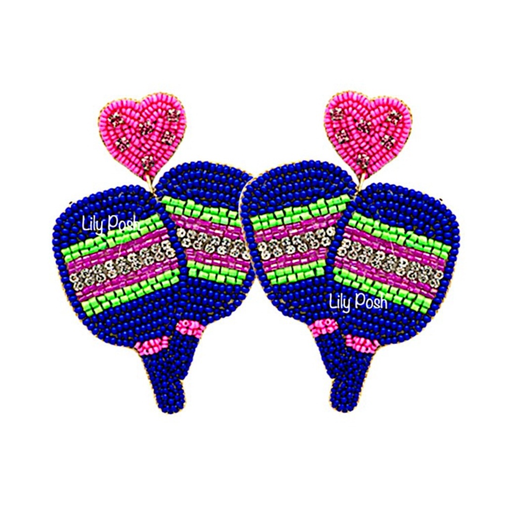 Lily Posh Pickle Ball Racquet Seed Bead Earring, Pickle Ball - Picture 2 of 3